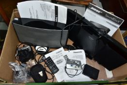 A BOX OF ELECTRONIC EQUIPMENT, comprising a Panasonic Compact Stereo System model no SC-HC28DB, with