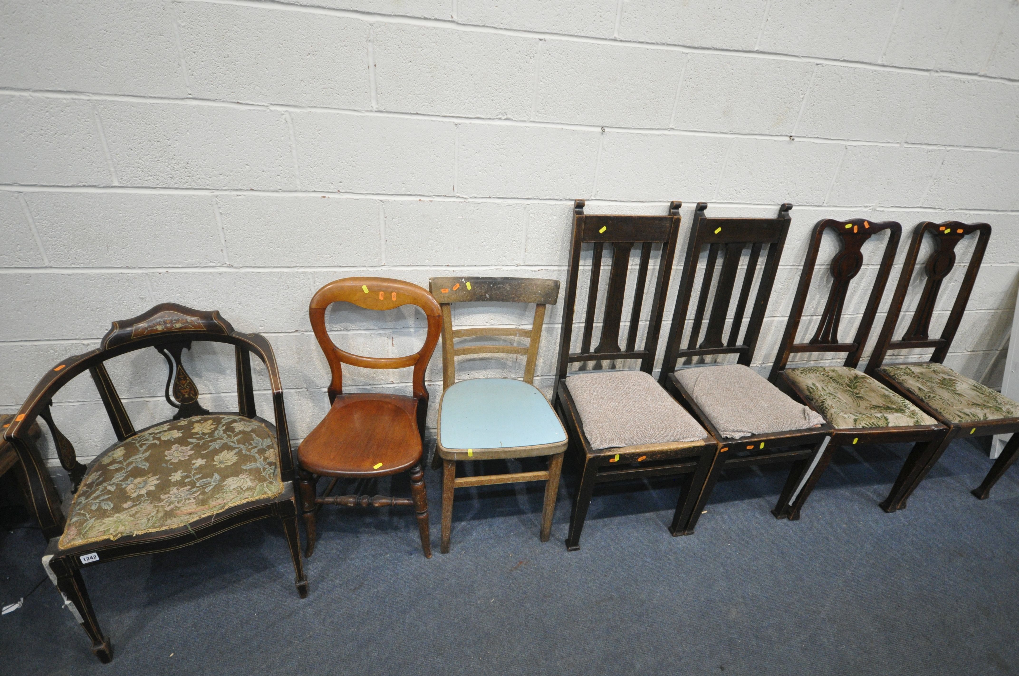 A 19TH CENTURY MAHOGANY AND MAQUETRY INLAID ARMCHAIR, along with a six various period chairs (7)