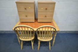 A MODERN BEECH AND TILE TOP KITCHEN TABLE, length 121cm x depth 76cm x height 74cm, along with two