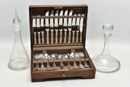 A CASED INCOMPLETE SET OF MAPPIN & WEBB CUTLERY AND TWO GLASS DECANTERS, the incomplete set of