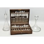 A CASED INCOMPLETE SET OF MAPPIN & WEBB CUTLERY AND TWO GLASS DECANTERS, the incomplete set of