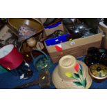 ONE BOX OF ASSORTED HOUSEHOLD SUNDRIES, to include an Armada Arts and Crafts style pewter tea set,