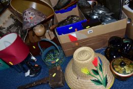 ONE BOX OF ASSORTED HOUSEHOLD SUNDRIES, to include an Armada Arts and Crafts style pewter tea set,