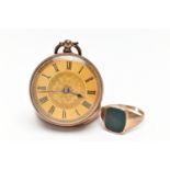 A 9CT GOLD RING AND YELLOW METAL POCKET WATCH, a yellow gold AF signet ring, inlay set with