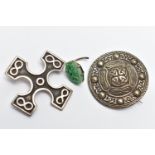 TWO SCOTTISH SILVER BROOCHES, the first a silver cross, detailed with four infinity symbols,