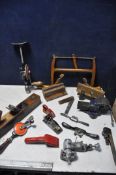 A COLLECTION OF VINTAGE TOOLS to include Wooden 86b vice, Record Stillson's, three vintage wooden