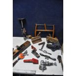 A COLLECTION OF VINTAGE TOOLS to include Wooden 86b vice, Record Stillson's, three vintage wooden