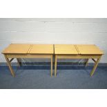 A PAIR OF 20TH CENTURY BEECH DOUBLE SCHOOL DESKS, width 111cm x depth 45cm x height 77cm (