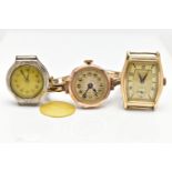 A 9CT GOLD WRISTWATCH AND TWO WATCH HEADS, a hand wound movement, round dial, Arabic numerals,