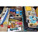 THREE BOXES OF VINTAGE TOYS AND JIGSAWS, to include a balsa wood aircraft making kit, a Tri-ang