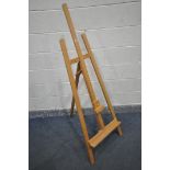 A FLOOR STANDING FOLDING ARTISTS EASEL, with height adjustment, maximum height 240cm x lowest height