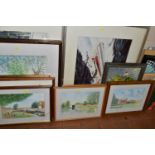 A QUANTITY OF PAINTINGS AND PRINTS, to include oils on board and pen and wash drawings depicting