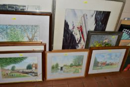 A QUANTITY OF PAINTINGS AND PRINTS, to include oils on board and pen and wash drawings depicting