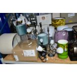 A SELECTION OF LIGHTING, LAMPSHADES AND DECORATIVE ITEMS ETC, to include boxed ceiling lights and