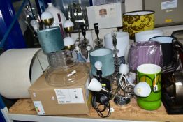 A SELECTION OF LIGHTING, LAMPSHADES AND DECORATIVE ITEMS ETC, to include boxed ceiling lights and