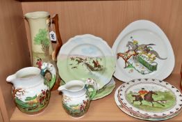 A GROUP OF HUNTING AND HORSE THEMED CERAMICS, nine pieces, comprising two Wedgwood jugs marked '