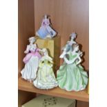 FIVE COALPORT FIGURINES, comprising boxed Debutantes 'The Garden Party' height 12.5cm, together with