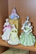 FIVE COALPORT FIGURINES, comprising boxed Debutantes 'The Garden Party' height 12.5cm, together with