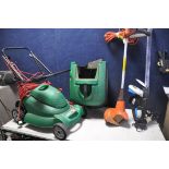 A QUALCAST POWERTRAK 400 LAWNMOWER with grass boss along with a Flymo MET250 strimmer and a Mac