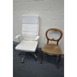 A CREAM LEATHERETTE AND CHROME SWIVEL OFFICE CHAIR, and a Victorian spoon back chair (condition -