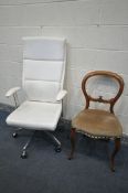 A CREAM LEATHERETTE AND CHROME SWIVEL OFFICE CHAIR, and a Victorian spoon back chair (condition -