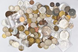 A SMALL BAG OF COINS, to include an Edward VII gold half sovereign coin 1910, two Morgan dollar