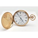 A 9CT GOLD WALTHAM FULL HUNTER POCKET WATCH, the circular white dial, with Roman numeral hourly