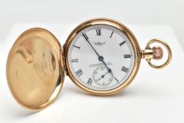 A 9CT GOLD WALTHAM FULL HUNTER POCKET WATCH, the circular white dial, with Roman numeral hourly