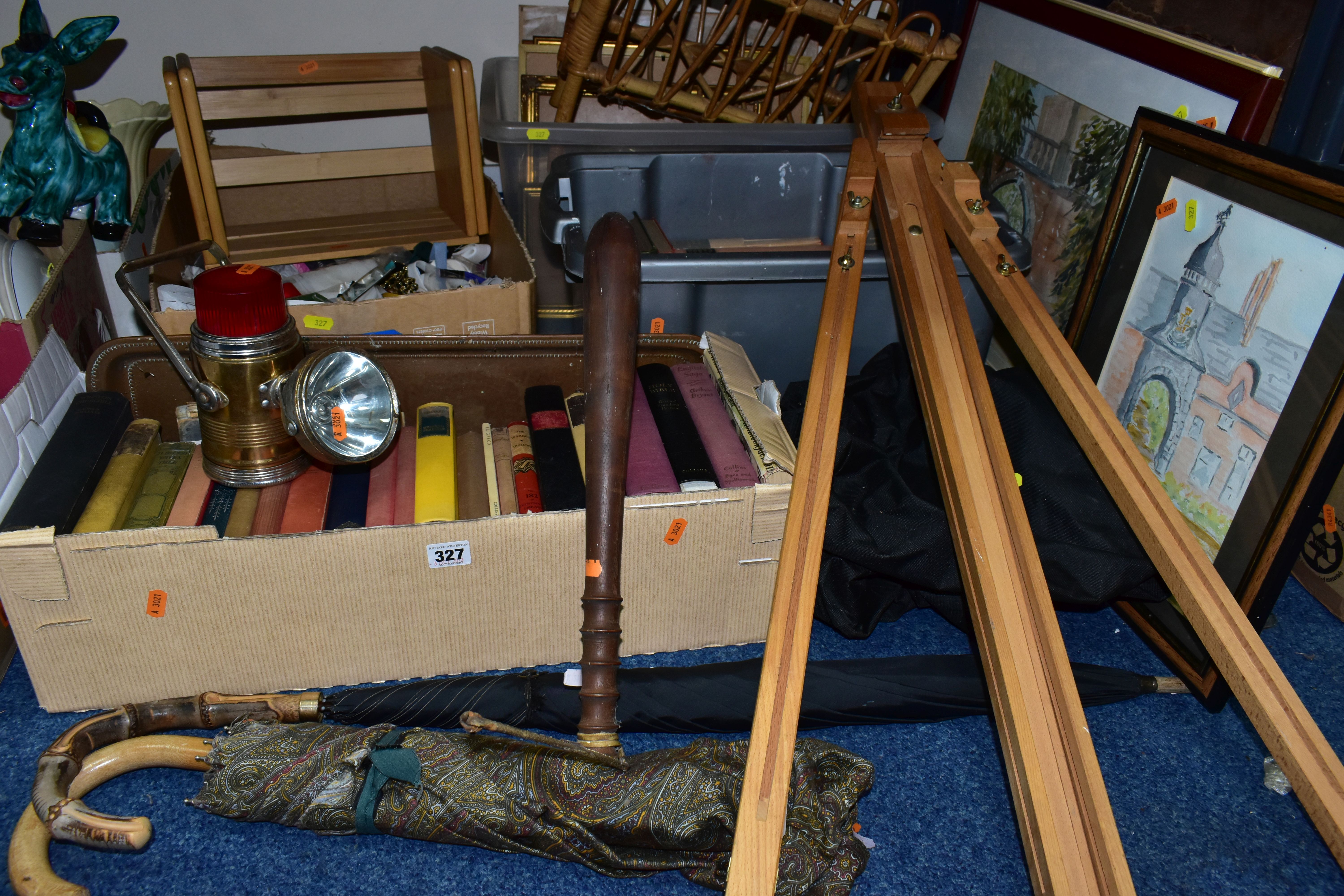 FOUR BOXES AND LOOSE BOOKS, PICTURES, HABERDASHERY AND SUNDRY ITEMS, to include fifty books,