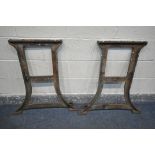 A PAIR OF CAST IRON INDUSTRIAL TABLE LEGS, width 77cm x height 85cm (condition - well rusted)