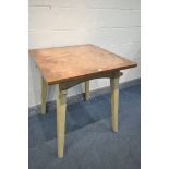 A SQUARE COPPER TOP KITCHEN TABLE, on a painted base with hooks, 80cm squared x height 89cm (