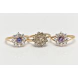 THREE 9CT GOLD CLUSTER RINGS, the first a colourless cubic zirconia cluster ring, pinched