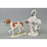 A GOEBEL POINTER FIGURE AND A KARL ENS FIGURE GROUP OF FLAMINGOS, the brown and white pointer with
