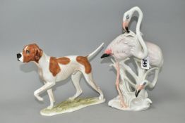 A GOEBEL POINTER FIGURE AND A KARL ENS FIGURE GROUP OF FLAMINGOS, the brown and white pointer with