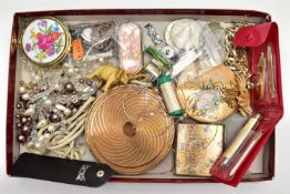 A BOX OF ASSORTED ITEMS, to include a single yellow metal earring, stamped 9k, approximate gross