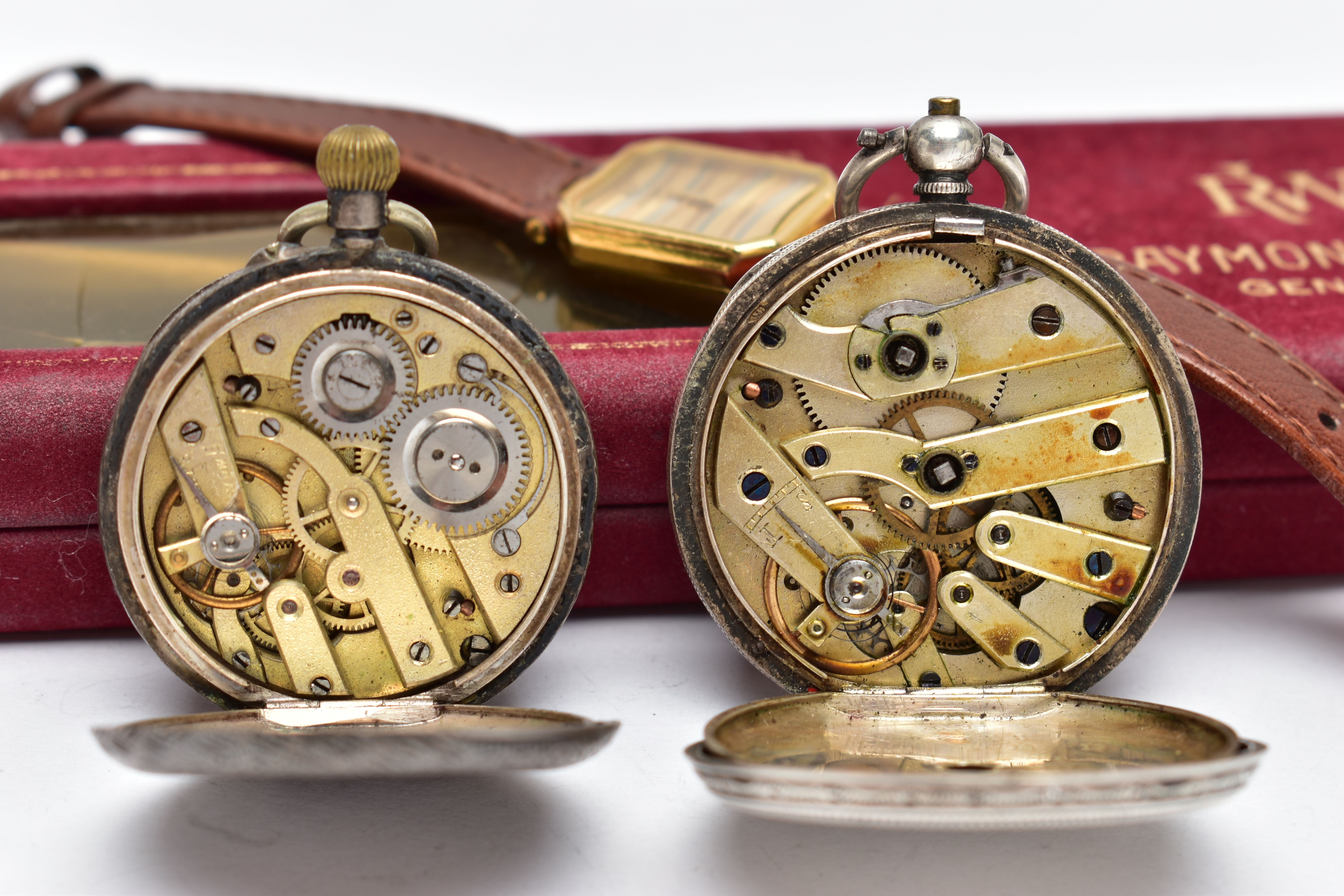 A 'RAYMOND WEIL' 18K GOLD PLATED WRISTWATCH AND TWO POCKET WATCHES, quartz movement, rectangular - Image 6 of 7