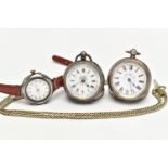 AN EARLY 20TH CENTURY SILVER WRISTWATCH AND TWO POCKET WATCHES, a silver cased watch head,