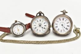 AN EARLY 20TH CENTURY SILVER WRISTWATCH AND TWO POCKET WATCHES, a silver cased watch head,