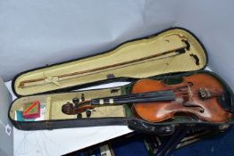 A CASED VINTAGE VIOLIN, with a two piece back, bears a printed Antonius Stradivarius label, length