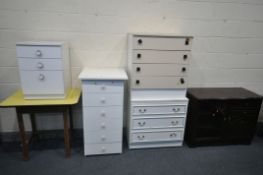 FOUR VARIOUS WHITE CHEST OF DRAWERS, to include two chest of three drawers, a chest of four, and a