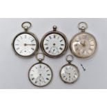 FIVE SILVER OPEN FACE POCKET WATCHES, the first a large silver pocket watch, key wound, silver and