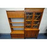 A MID CENTURY TEAK OPEN BOOKCASE, the top with two sliding doors, two shelves, above another two