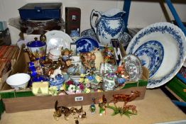 ONE BOX OF CERAMICS AND ORNAMENTS to include a Coalport 'His Master's House' and 'Village Church'