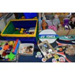 A QUANTITY OF VINTAGE TOYS AND GAMES ETC, to include Lego and Stickle Brick pieces, diecast