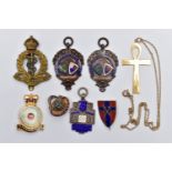 A 9CT GOLD CROSS PENDANT WITH CHAIN AND MEDALS AND BADGES, a plain polished ankh cross,
