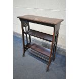 AN EDWARDIAN MAHOGANY BOX WOOD INLAID BOOK STAND, width 61cm x depth 25cm x 77cm