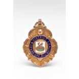 A 9CT GOLD FOB MEDAL, enamel centre with the inscription 'Derby & District League', personal