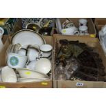 FOUR BOXES OF CERAMICS, GLASSWARES AND METALWARES, to include a Wye Pottery Horse plaque by Adam