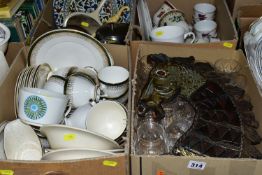 FOUR BOXES OF CERAMICS, GLASSWARES AND METALWARES, to include a Wye Pottery Horse plaque by Adam