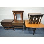 A MID CENTURY TEAK GATE LEG TABLE (condition:-multiple fluid stains) an oak gate leg table, oak